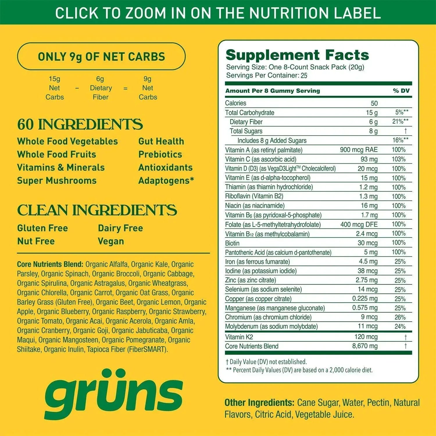 Gruns Adult Organic Superfood Greens Multivitamin Gummies, 25 ct.