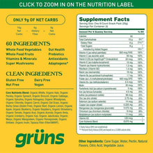 Nutrition facts label for grüns gummies, ingredient and supplement information panel