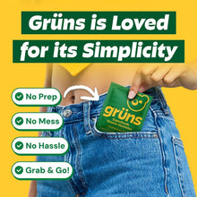 Grüns gummies pack held in jeans pocket, green pouch with bear logo