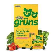 Kids Grüns superfood greens multivitamin gummy box with green bear face logo