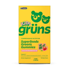 Kids Grüns superfoods greens gummies box with green bear faces on yellow packaging