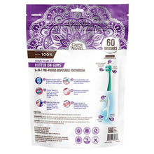 Guru Nanda 6-in-1 pre-pasted disposable toothbrush pack, back panel with details, 60-count