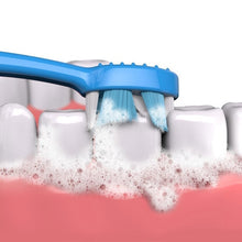 Disposable toothbrush brushing with foam, teal head and white bristles