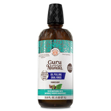 Oil pulling oral rinse bottle with mint label, amber bottle