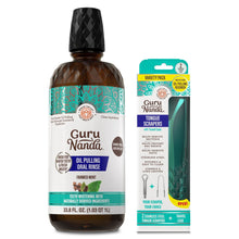 Oil pulling oral rinse bottle with tongue scraper variety pack and travel case