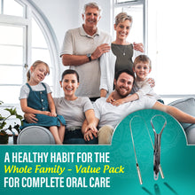Whole family value pack of stainless steel tongue scrapers shown in a group