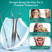 Two stainless steel tongue scrapers with curved scraping edges for daily oral care