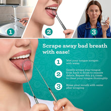 Stainless steel tongue scraper used on the tongue with an ergonomic curved handle