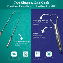 Stainless steel tongue scraper with anti-gag curved blade, two shape options