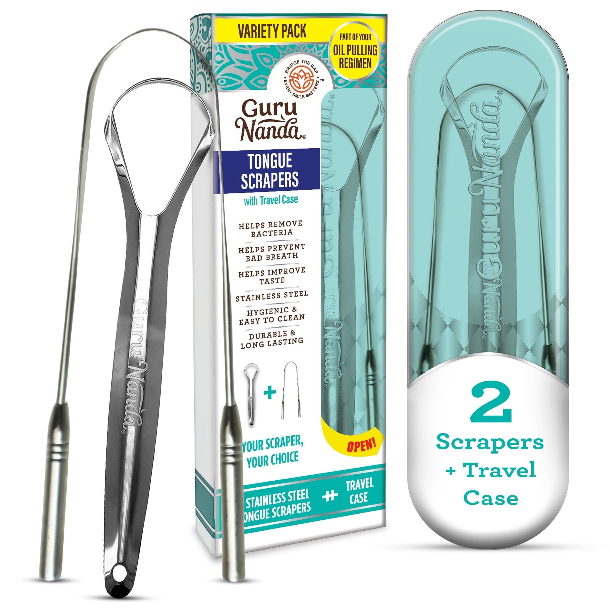 GuruNanda Spoon & U-Shaped Tongue Scraper Variety Pack with Travel Case, Stainless Steel, BPA Free,2 Pack, for All Ages (PACK OF 3 )