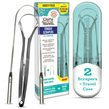 Stainless steel tongue scraper set with spoon and U-shaped blades, includes travel case