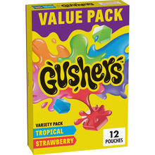Gushers value pack fruit snack pouches, variety tropical and strawberry, 12-count box