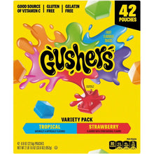 Gushers Variety Pack 42 pouches front panel with strawberry and tropical flavor info