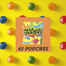 Gushers 42 pouches box on yellow background with surrounding colorful cube snacks