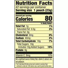 Nutrition Facts panel for 1 pouch: 80 calories, total sugars 10g
