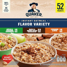 Instant oatmeal flavor variety box front with Apples & Cinnamon, Maple & Brown Sugar, Cinnamon