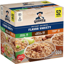 Instant oatmeal flavor variety pack box with 52 packets and product flavors shown