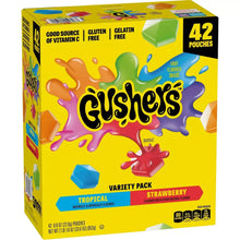 Gushers Variety Pack 42 pouches snack box, yellow with fruit-flavored graphic