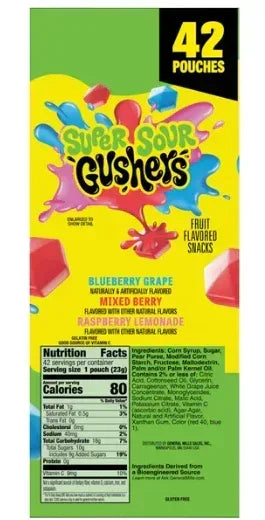 Gushers Super Sour Fruit Flavored Snacks, 0.8 oz, 42-count