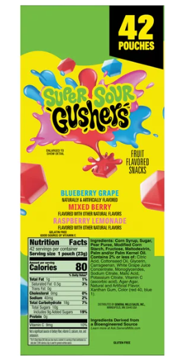 Gushers Super Sour Fruit Flavored Snacks, 0.8 oz, 42-count