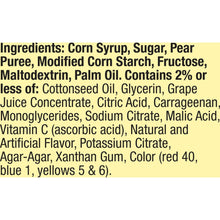 Ingredients list for tropical fruit snack, including corn syrup, sugar, and pear puree.