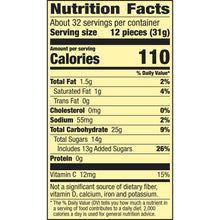 Nutrition Facts panel for tropical fruit snack: 110 calories, 12 pieces per serving.