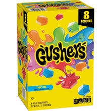 Gushers Tropical fruit snack box with 8 pouches, 4.25 oz, colorful gummy graphics.