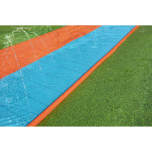 Inflatable double-lane water slide with blue lanes and orange side border