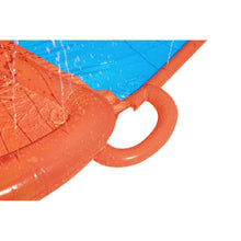 Inflatable water slide with orange grab handle and blue lane section