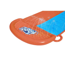 Inflatable double-lane water slide end in orange with H2GO! logo