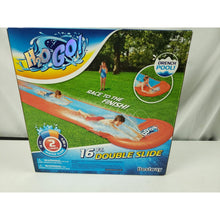 Inflatable double-lane water slide, orange and blue, in retail box packaging