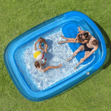 Blue inflatable lounge pool top view with kids splashing in clear water