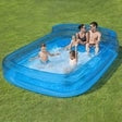 Inflatable family lounge pool, blue square with clear sides and standing water