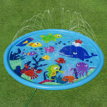 Circular blue splash pad with undersea sea-creature artwork on the pool floor