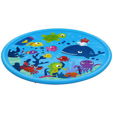 Round 10-foot undersea splash pad with blue rim and colorful sea-animal graphics