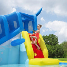 Kids inflatable water slide with yellow stepping platform and blue slide wall