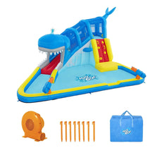 Kids inflatable water park set with slide, blower, stakes, and carry bag