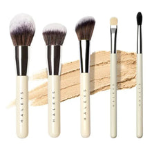 Makeup brush set of 5 with beige handles, silver ferrules, and soft bristles