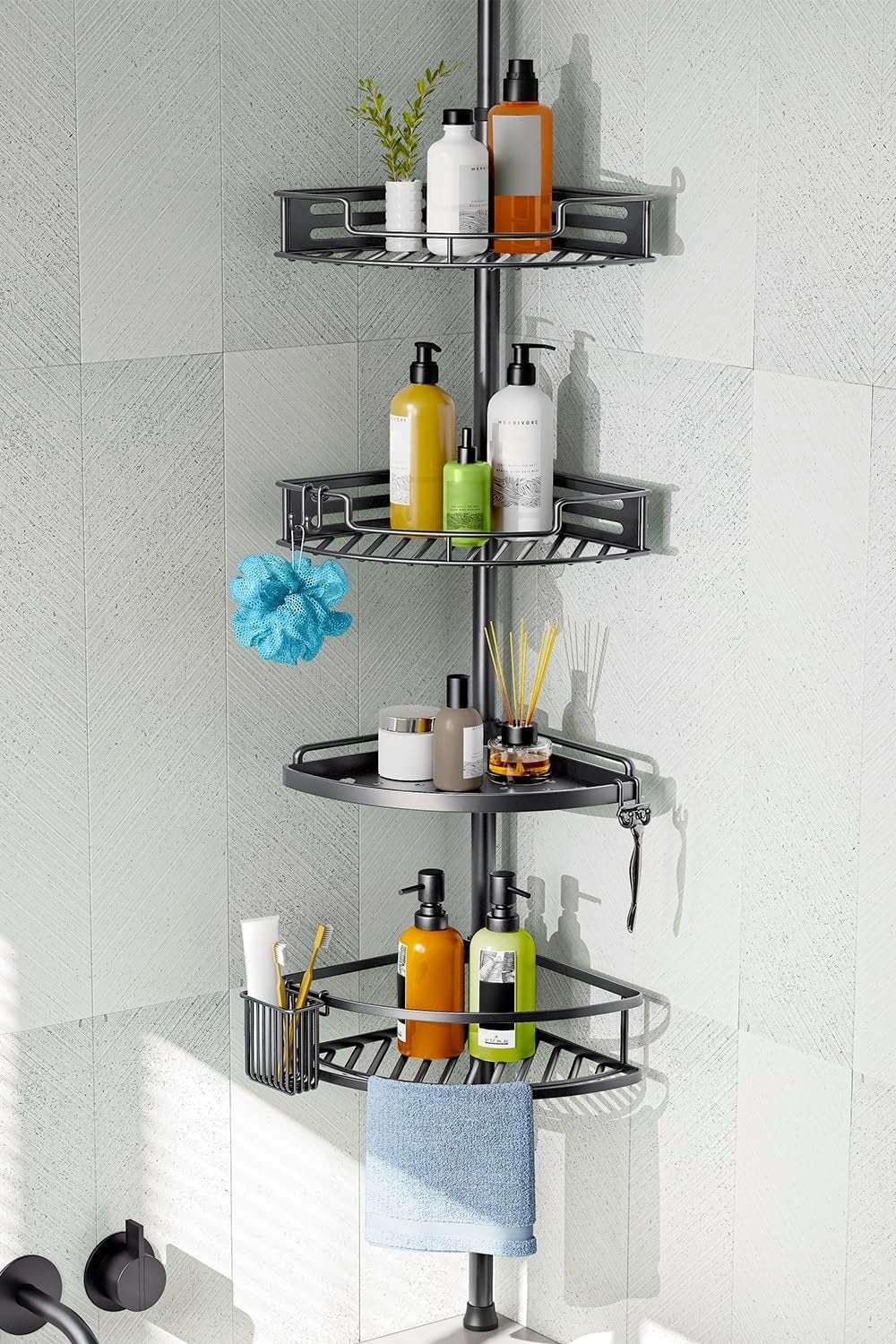 HAMITOR Corner Shower Caddy Tension Pole – 4-Tier Adjustable Rustproof Bathroom Organizer (47–121 Inch)