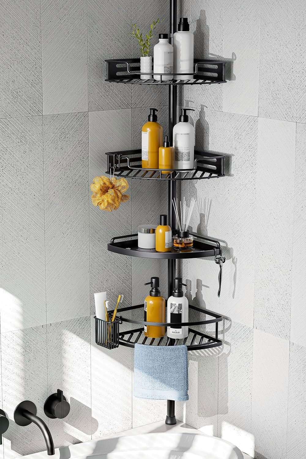 HAMITOR Corner Shower Caddy Tension Pole – 4-Tier Adjustable Rustproof Bathroom Organizer (47–121 Inch)