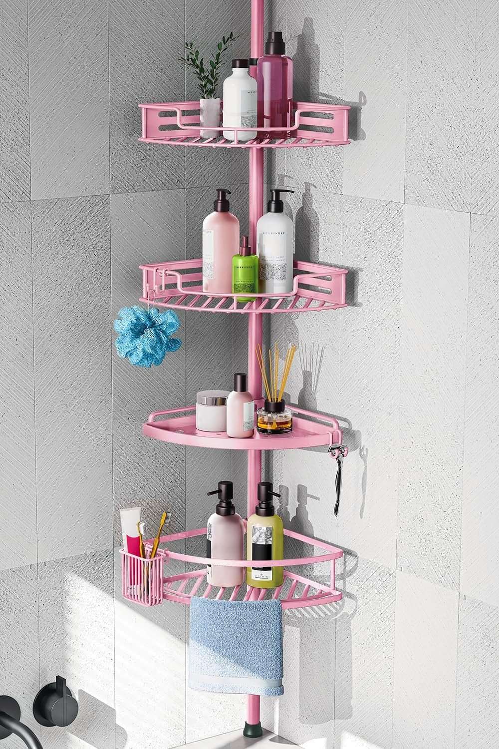HAMITOR Corner Shower Caddy Tension Pole – 4-Tier Adjustable Rustproof Bathroom Organizer (47–121 Inch)