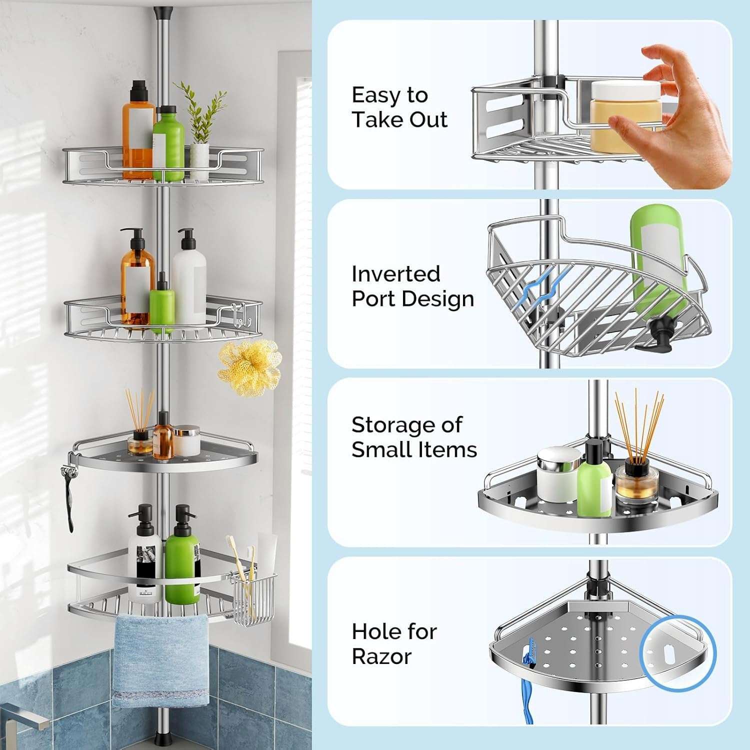 HAMITOR Corner Shower Caddy Tension Pole – 4-Tier Adjustable Rustproof Bathroom Organizer (47–121 Inch)