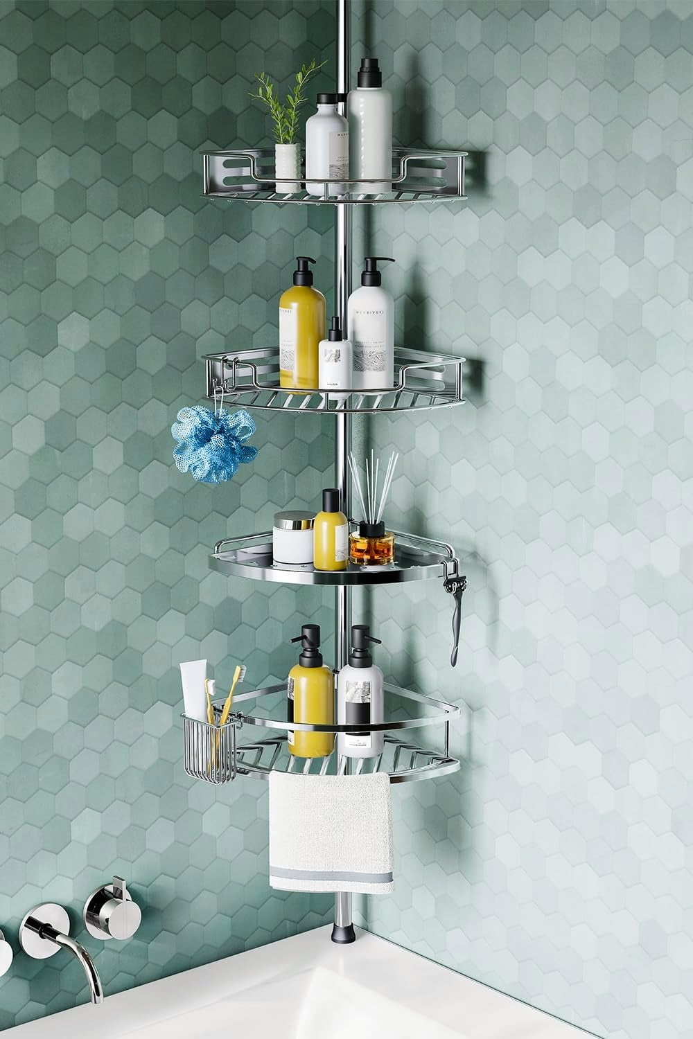HAMITOR Corner Shower Caddy Tension Pole – 4-Tier Adjustable Rustproof Bathroom Organizer (47–121 Inch)