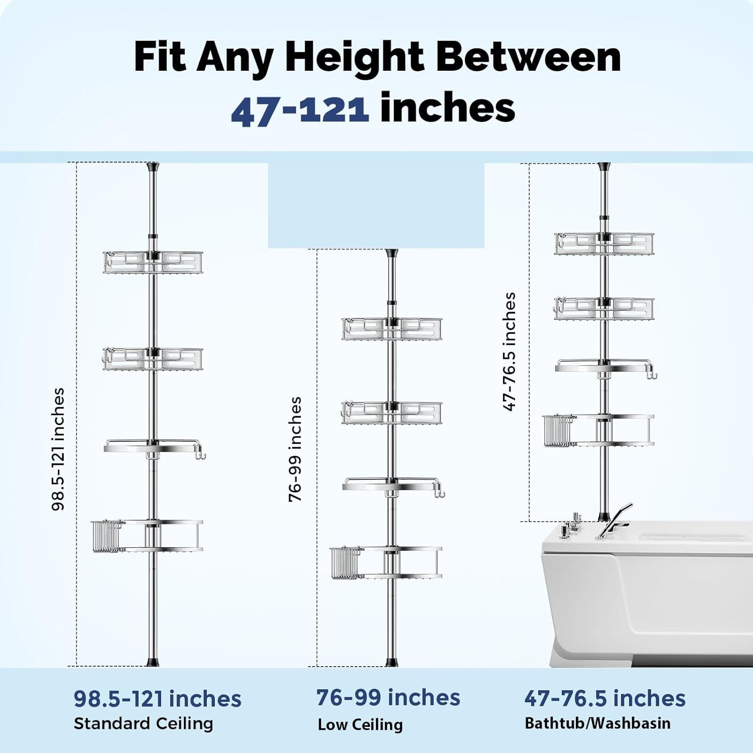 HAMITOR Corner Shower Caddy Tension Pole – 4-Tier Adjustable Rustproof Bathroom Organizer (47–121 Inch)