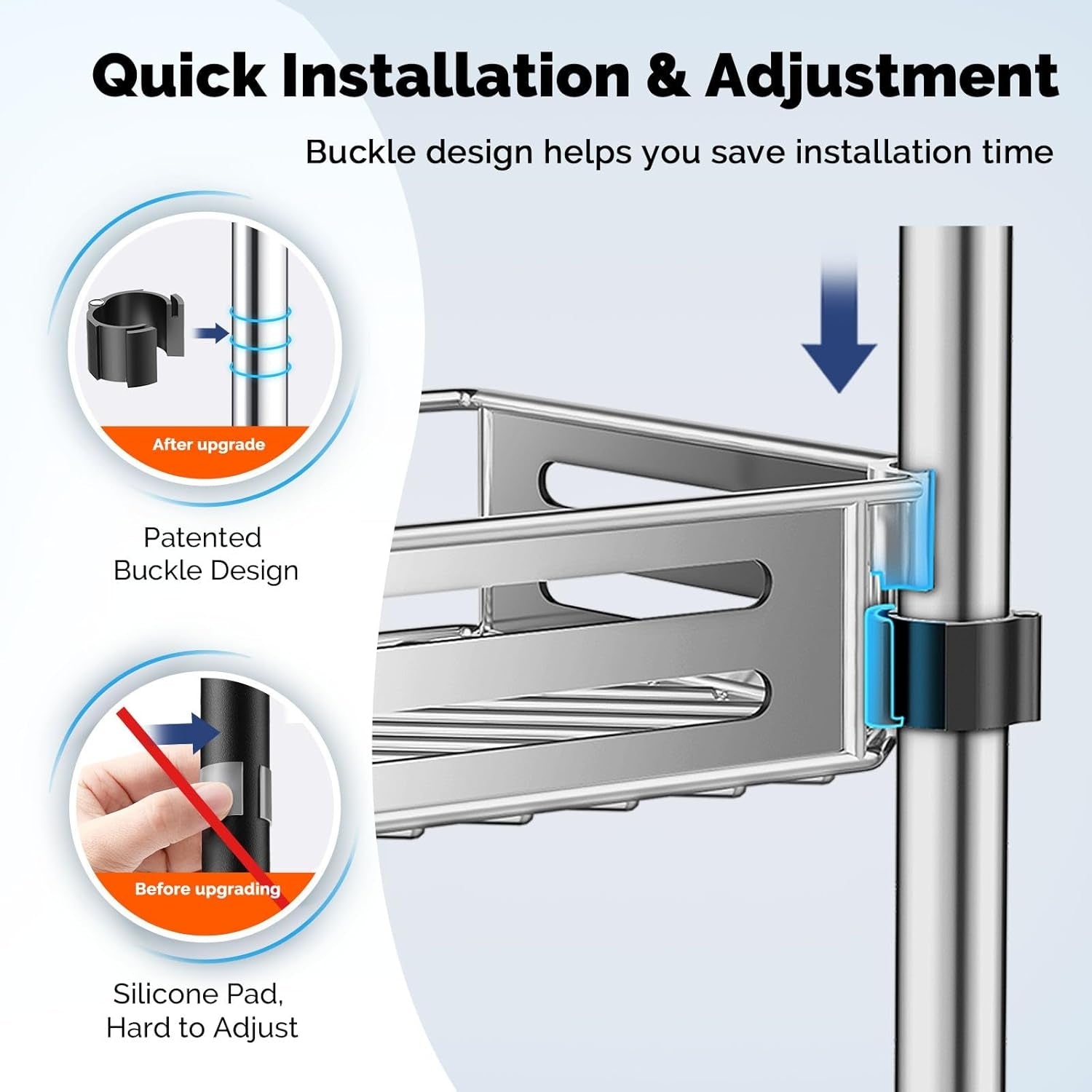 HAMITOR Corner Shower Caddy Tension Pole – 4-Tier Adjustable Rustproof Bathroom Organizer (47–121 Inch)