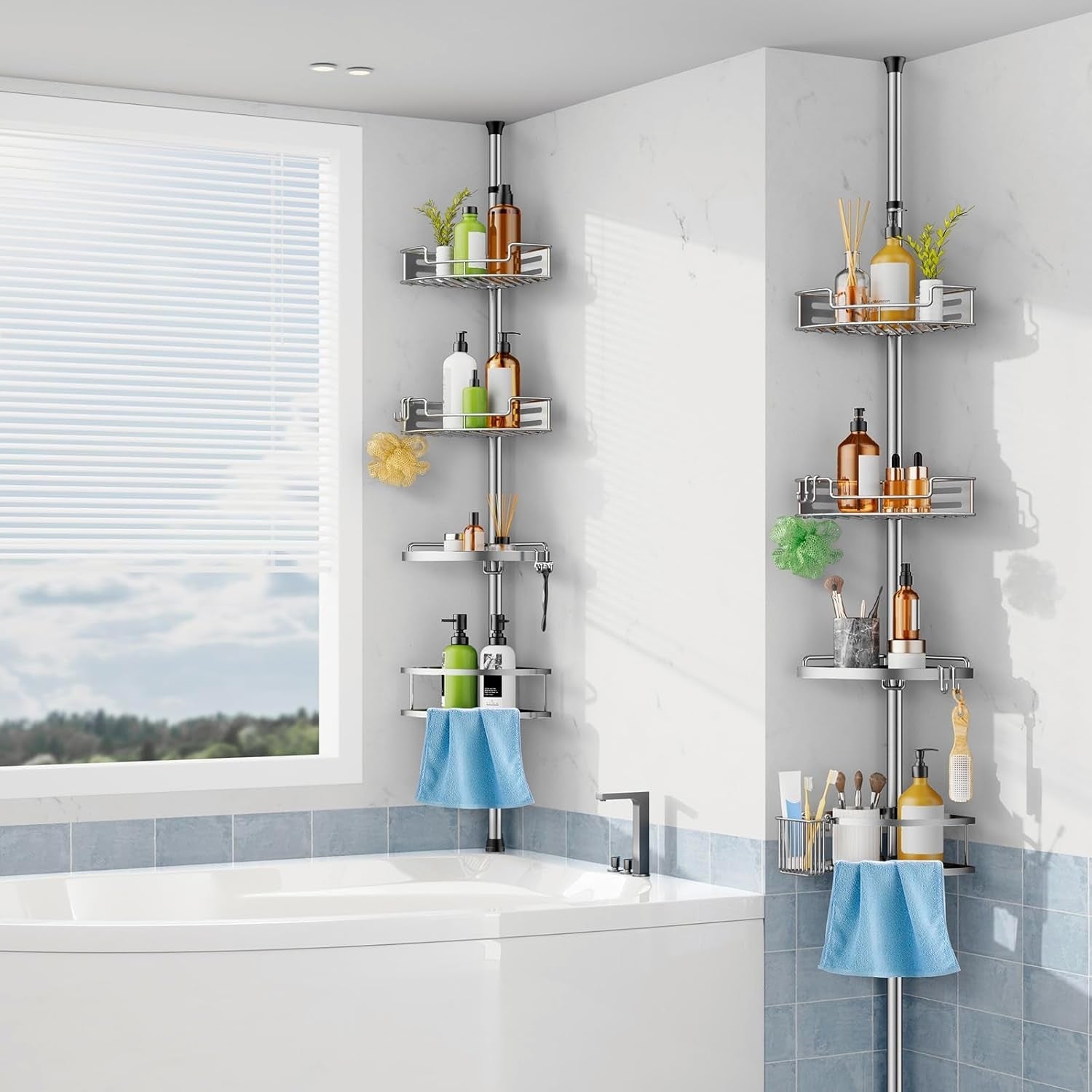 HAMITOR Corner Shower Caddy Tension Pole – 4-Tier Adjustable Rustproof Bathroom Organizer (47–121 Inch)