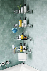 HAMITOR Corner Shower Caddy Tension Pole – 4-Tier Adjustable Rustproof Bathroom Organizer (47–121 Inch)
