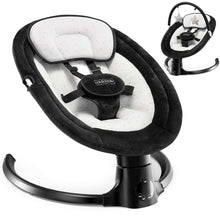 Black baby swing lounger with padded seat and safety harness, front view