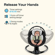 Baby swing with infant in padded seat on oval base