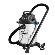 Hart wet/dry vacuum with stainless steel canister, black hose, and carry handle